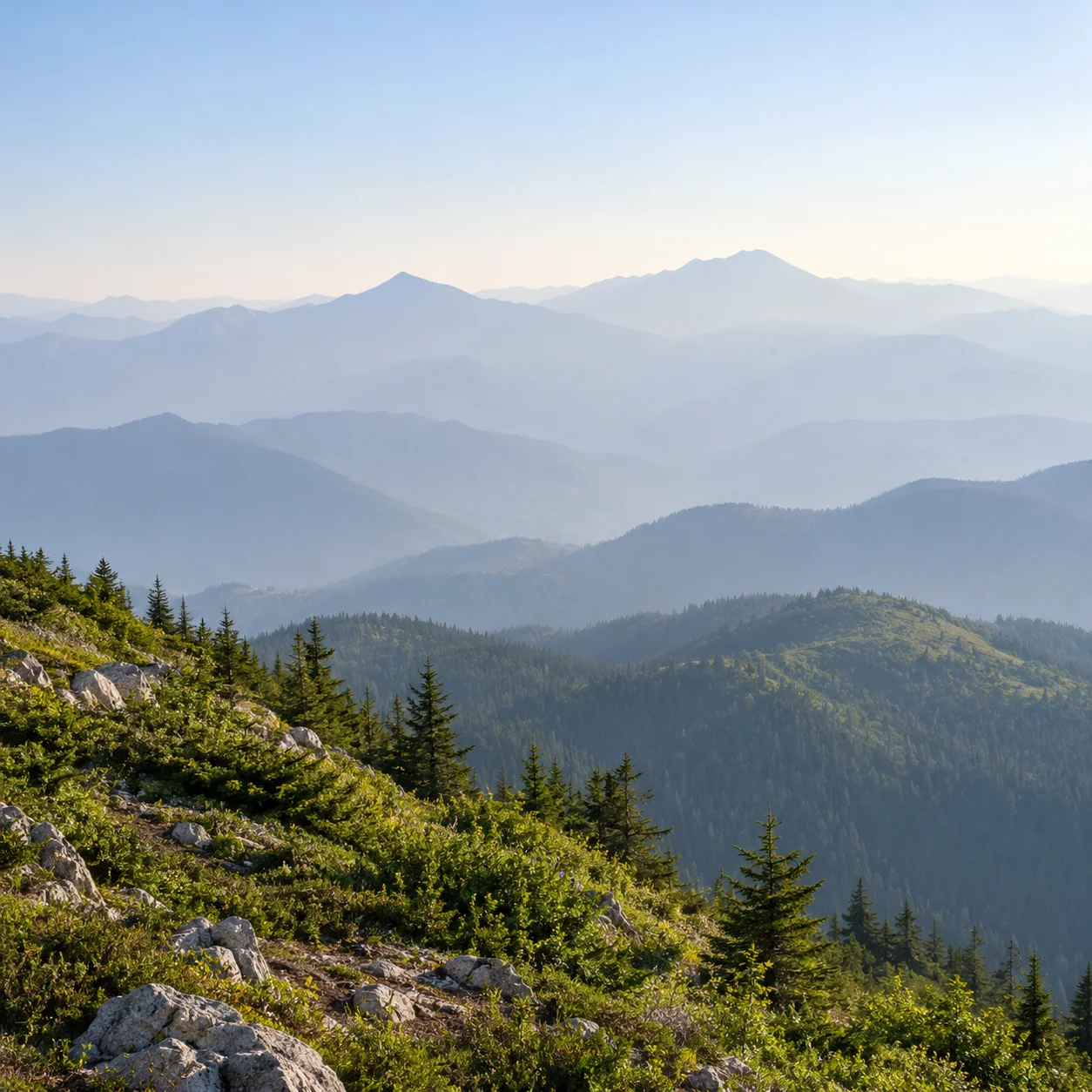 Mountain landscape showing atmospheric haze over pale distant ridges and clearer foreground vegetation
