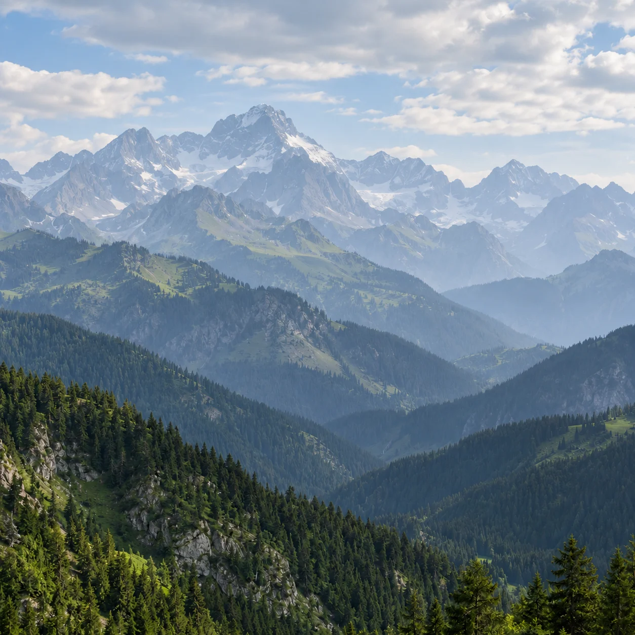 AI Dehaze Photo Example: Misty Mountain Landscape — Before: atmospheric haze softens the scene before photo dehazing