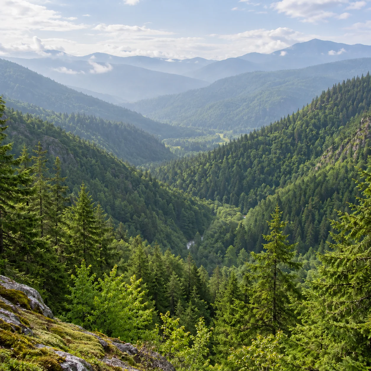 A Forest Valley in Mist — Before: atmospheric haze softens the scene before photo dehazing