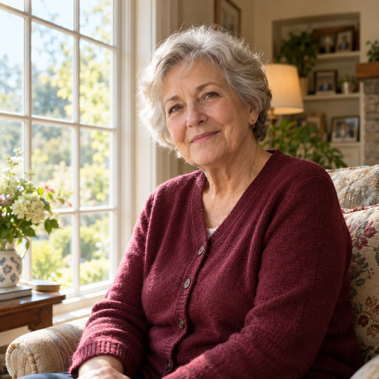 After: an indoor portrait with the person brighter near a sunlit window