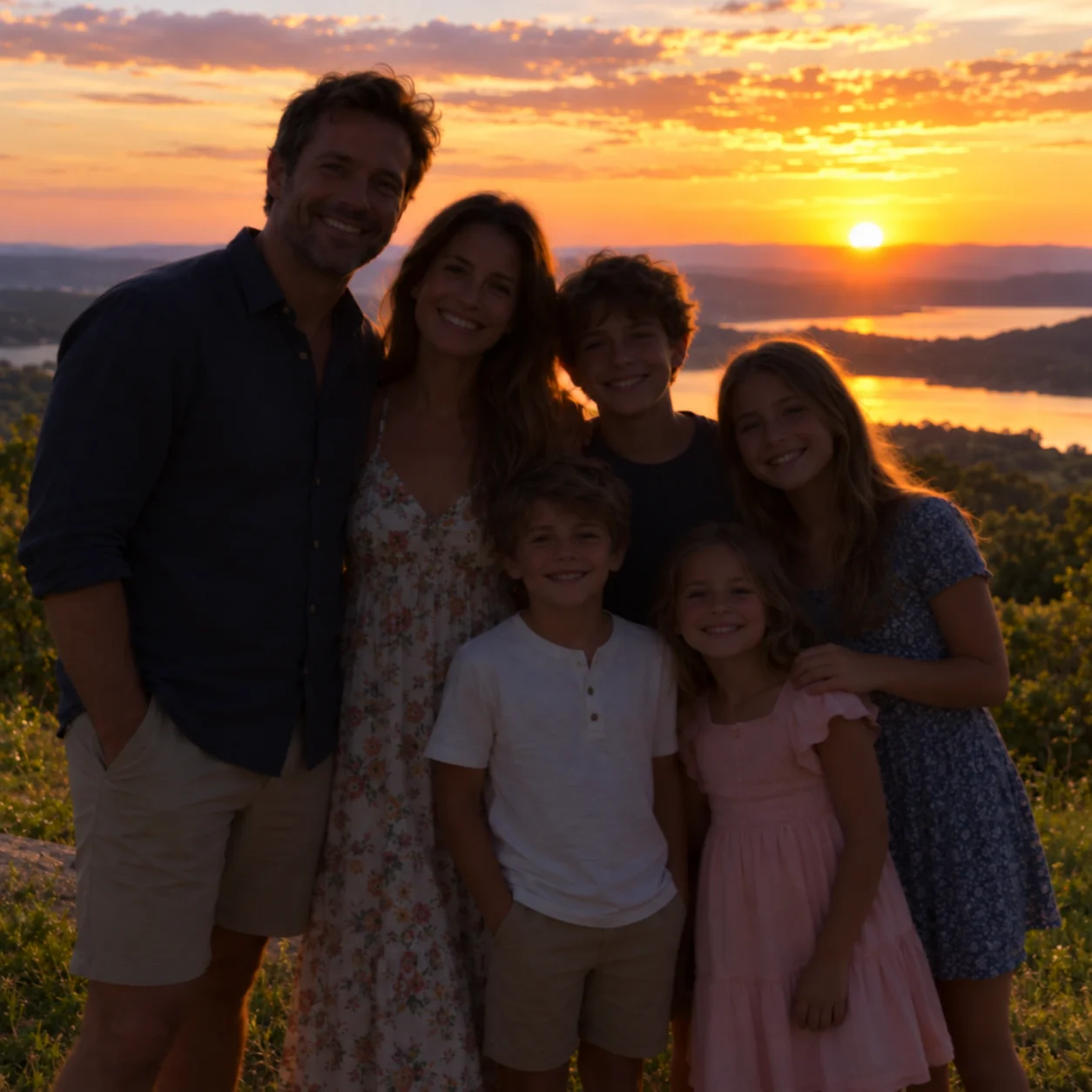 Before: people appear as dark silhouettes in a group photo against a sunset