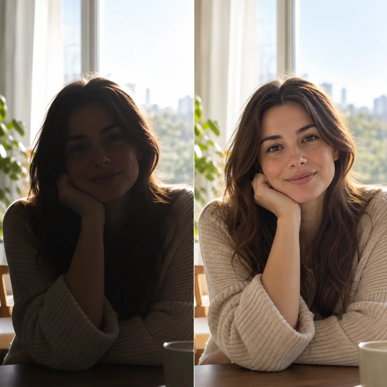 A backlit portrait before and after correction, with a shadowed face lifted against a bright window