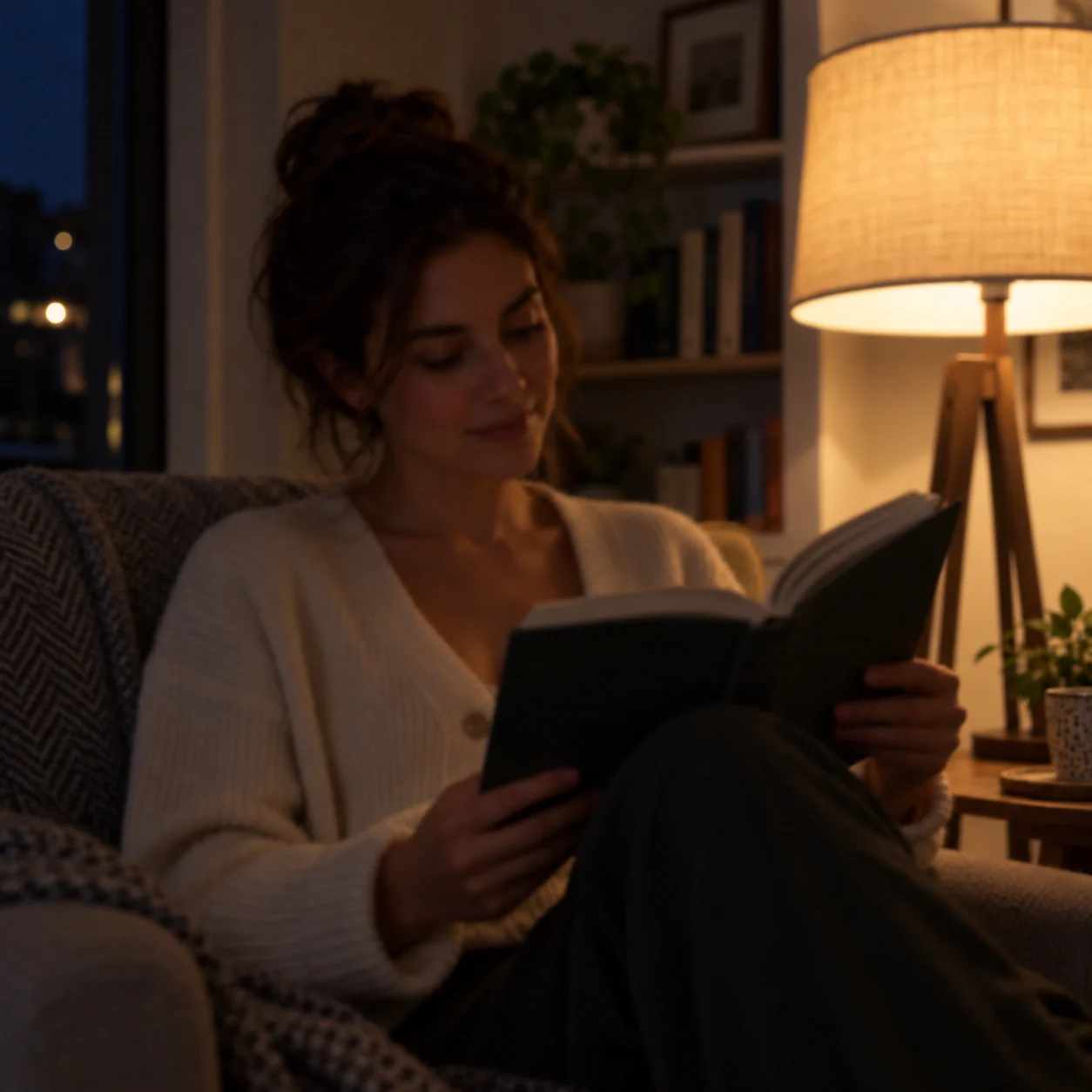 Soft-focus, underexposed portrait of a woman reading beside a dim lamp before image brightening.