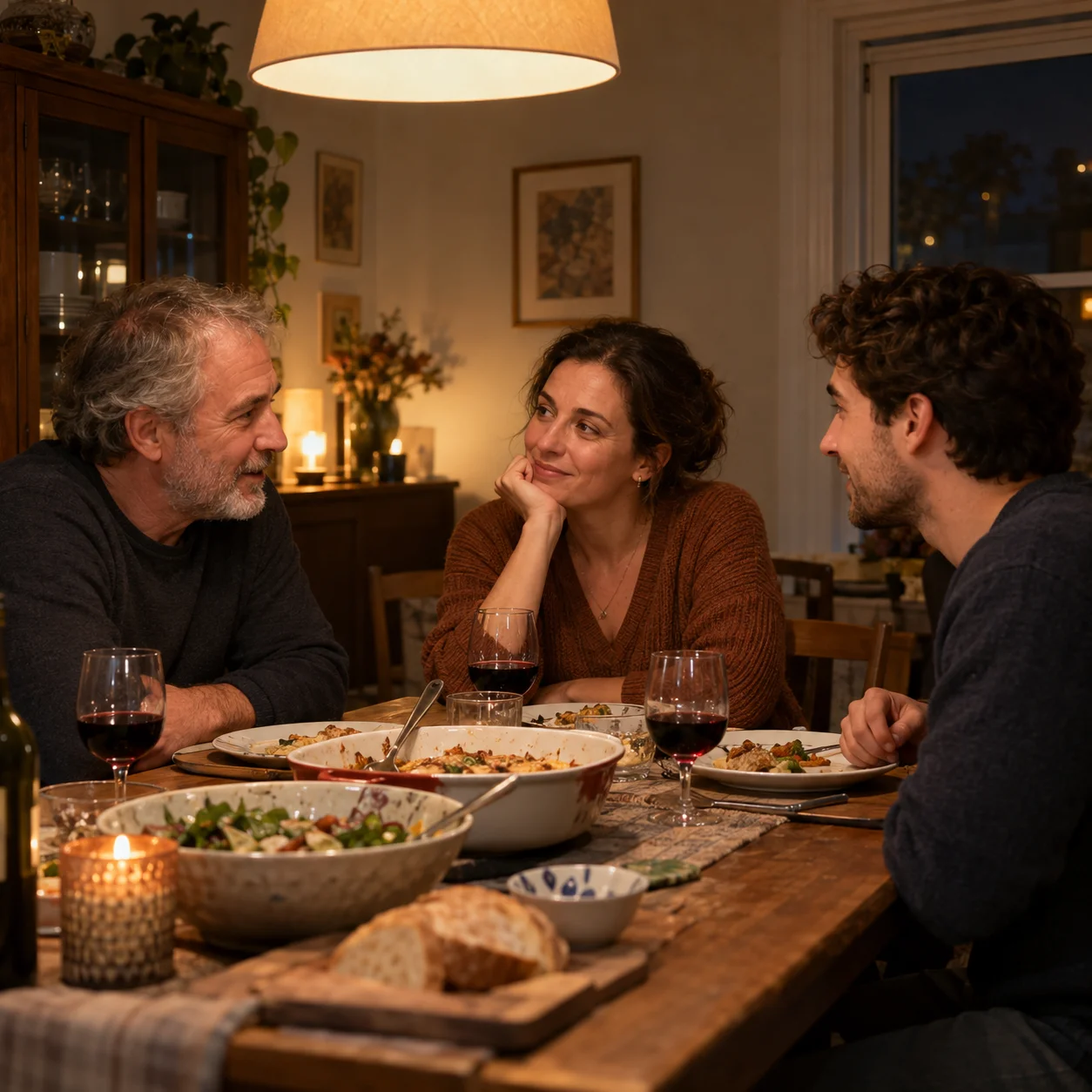 Three family members talking at a dining table in balanced warm evening light.
