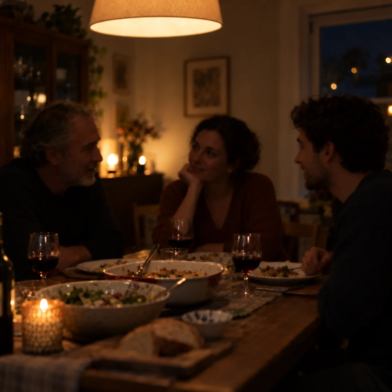 Soft-focus, underexposed family gathering at a dining table before low-light photo enhancement.