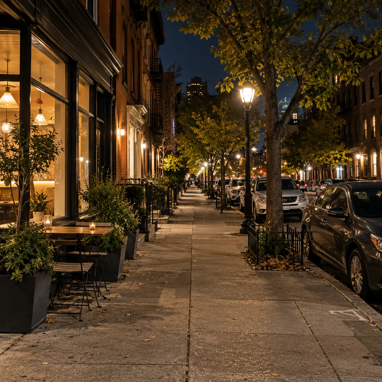 Nighttime neighborhood street with visible sidewalk, parked cars, and controlled streetlamp highlights.