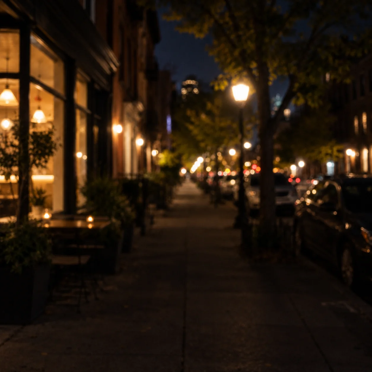 Soft-focus, underexposed night street photo with foreground details obscured in shadow.