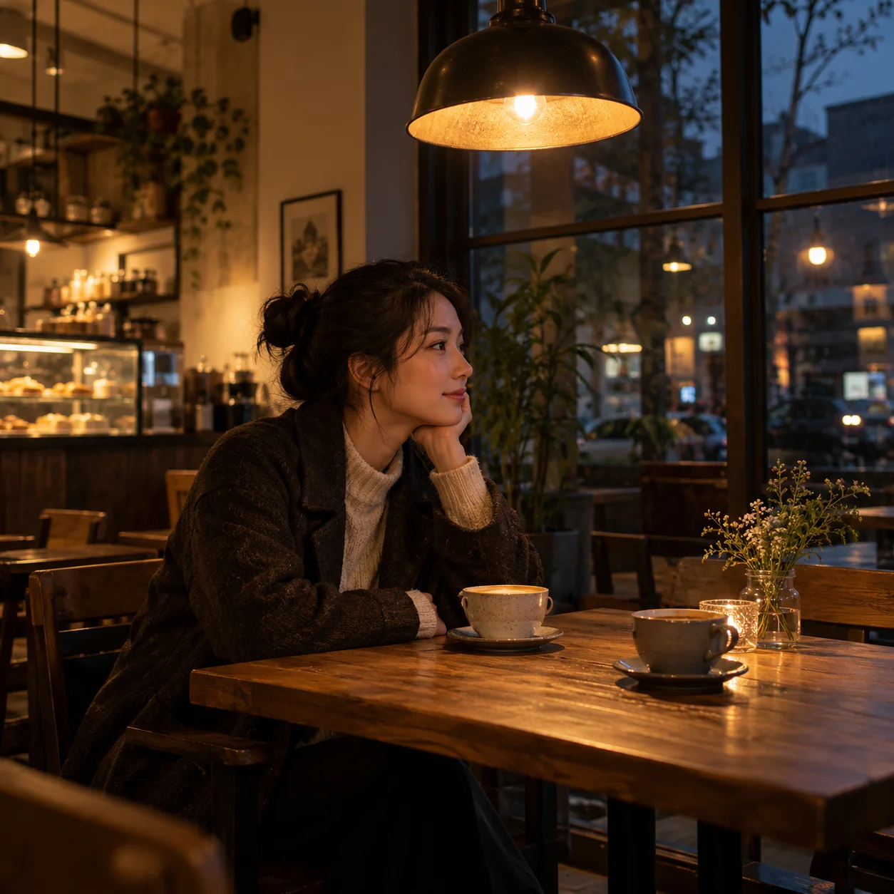 Evening cafe interior with a customer, wooden table, cups, pendant lamp, and visible window detail.