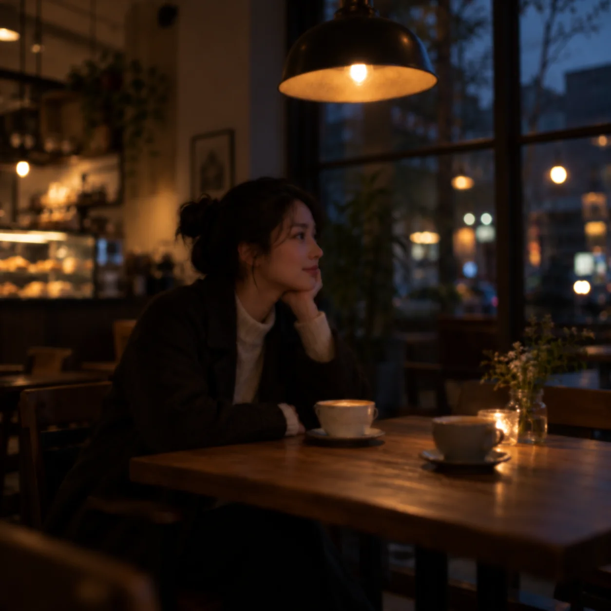 Soft-focus, underexposed cafe interior with a customer and table in dim evening light.