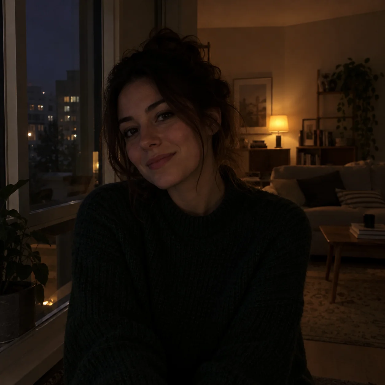 Underexposed indoor portrait in a dim living room with a softly shadowed subject and warm lamp light.