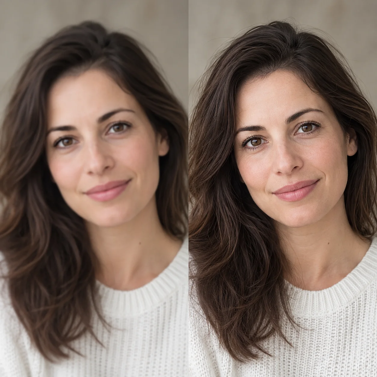 Illustration of an AI portrait enhancer comparing an original headshot with a clearer enhanced portrait