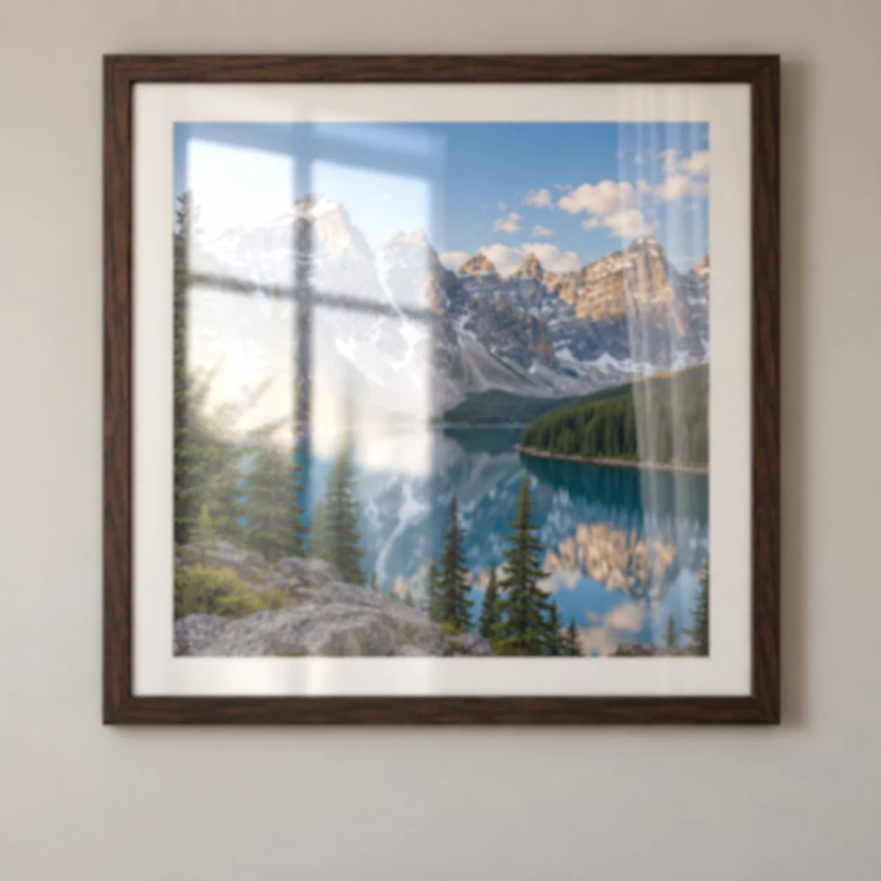 Før: foto af indrammet billede med tydelige vinduesreflekser på glasset