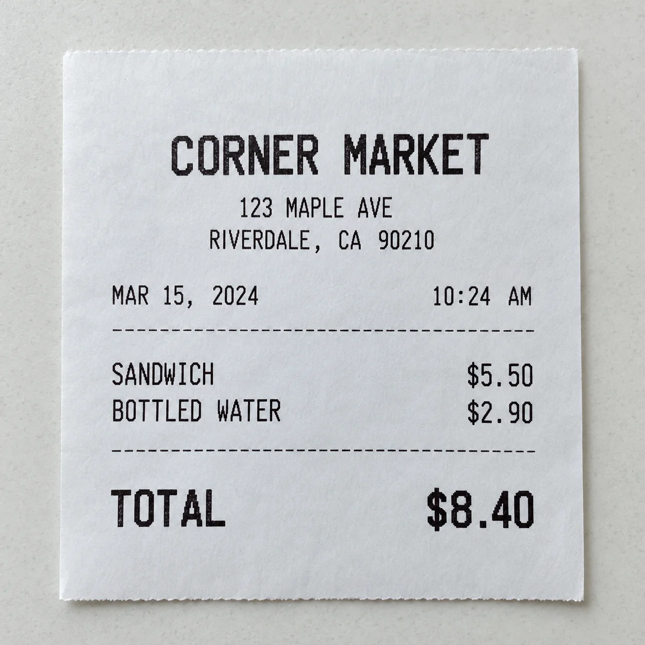 Photographed receipt after text enhancement, with item lines and amounts easier to inspect