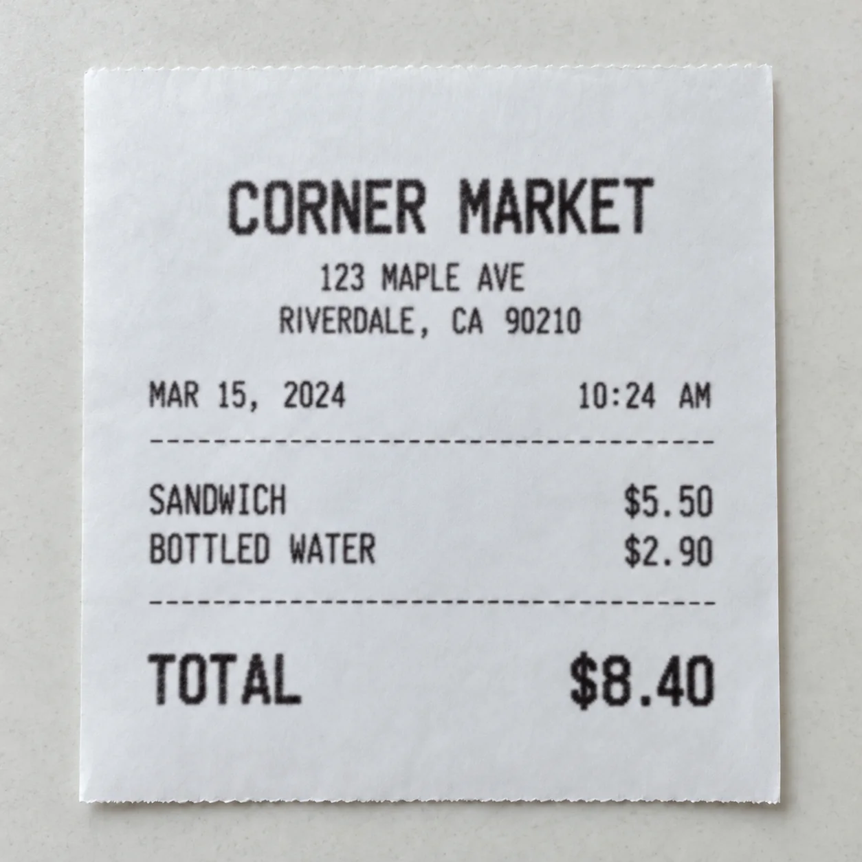 Photographed receipt with blurry item lines and amounts before text enhancement